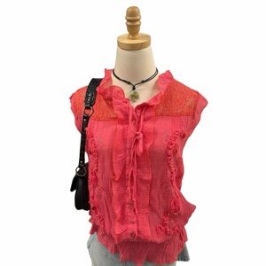 Boho Coral Ruffle Lace Embroidered Blouse Top Women’s L